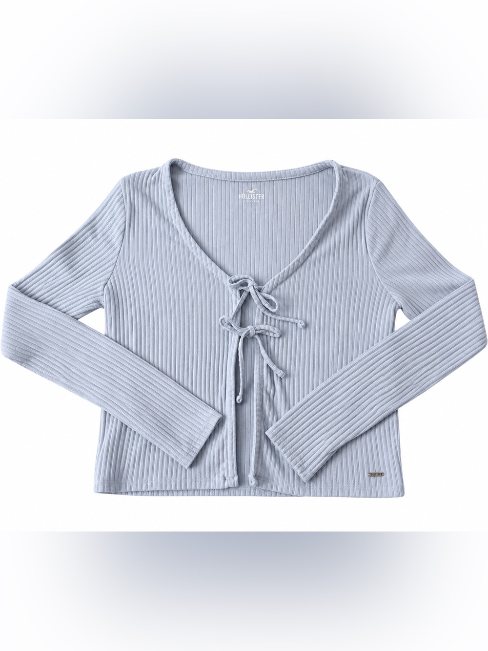 Hollister Light Blue Ribbed Tie-Front Long Sleeve Sweater Top
